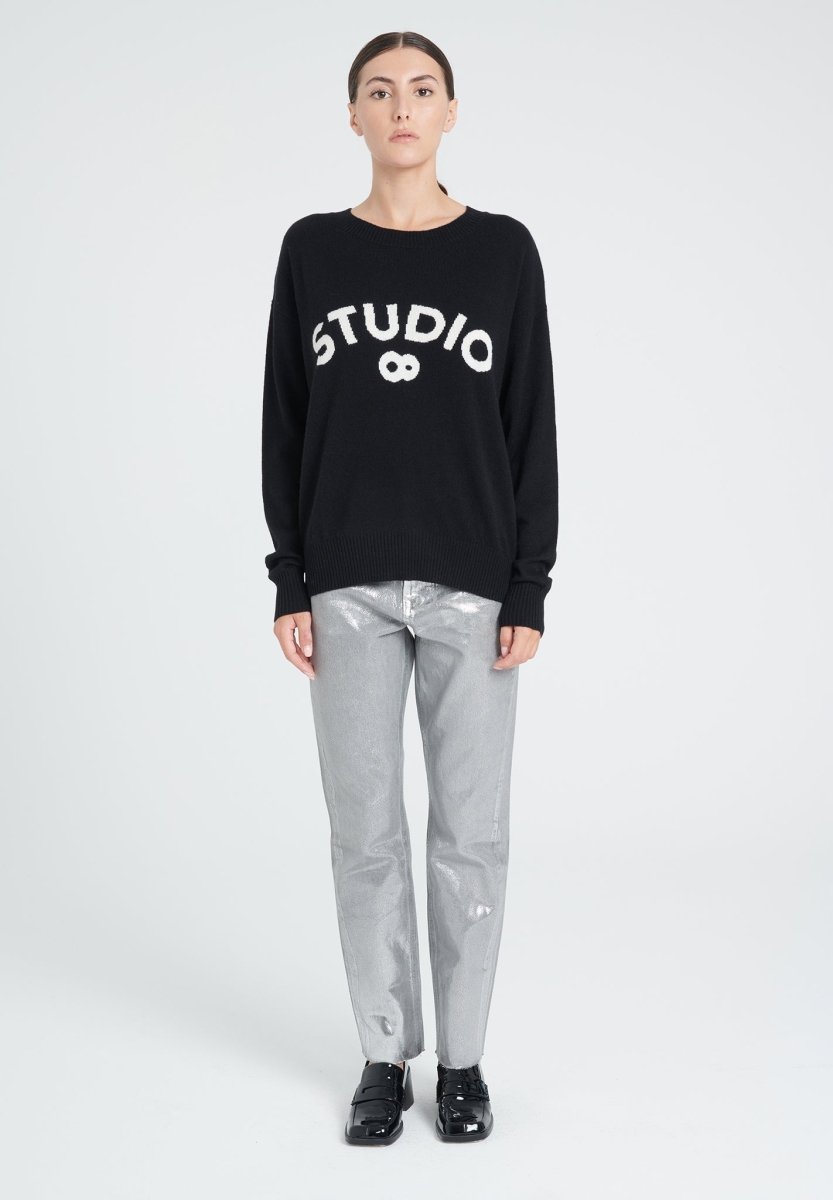 Pull col rond cachemire noir avec lettre en blanc écru femme - ZAYA 4