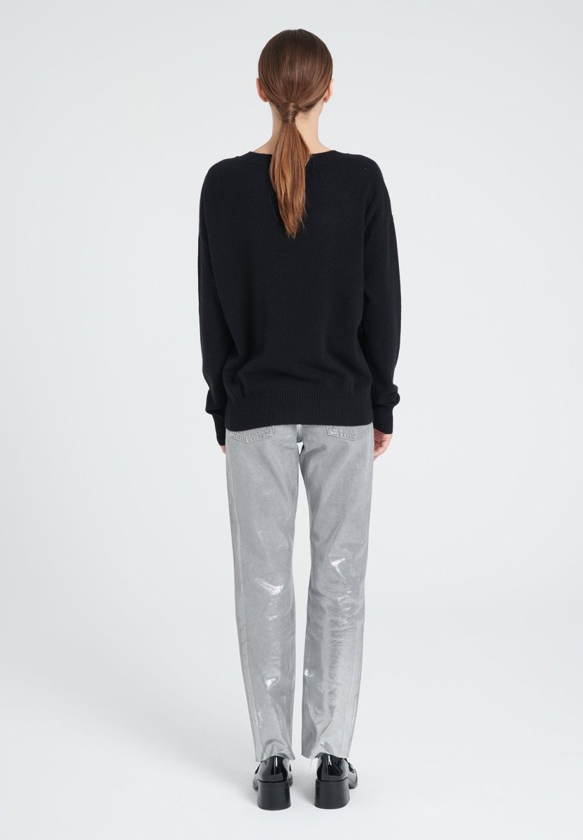 Pull col rond cachemire noir avec lettre en blanc écru femme - ZAYA 4