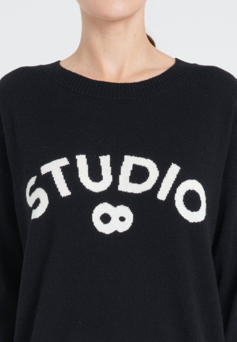 Pull col rond cachemire noir avec lettre en blanc écru femme - ZAYA 4