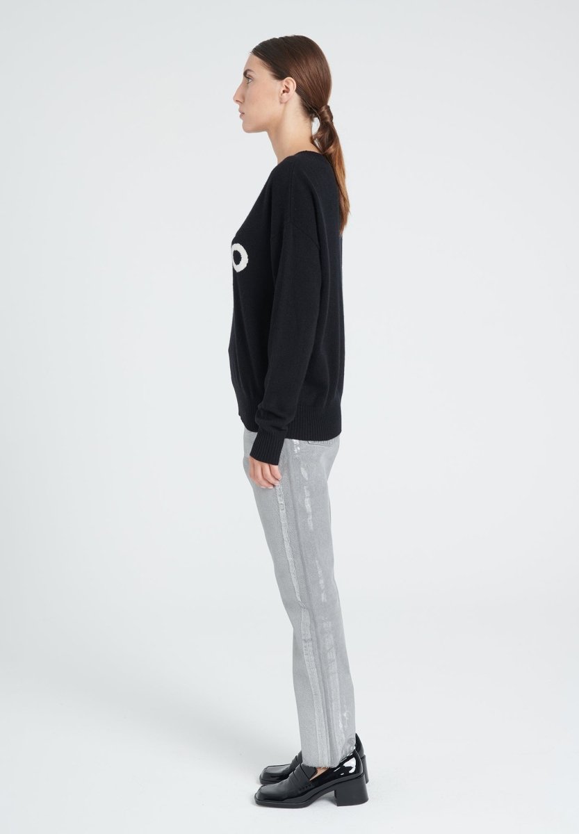 Pull col rond cachemire noir avec lettre en blanc écru femme - ZAYA 4